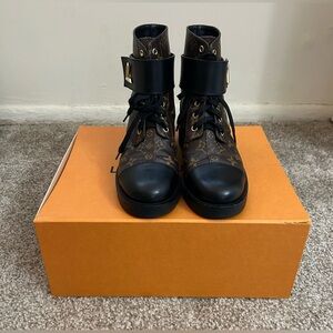 Louis Vuitton Monogram Wonderland Flat Ranger Combat Boots (39.5 M)